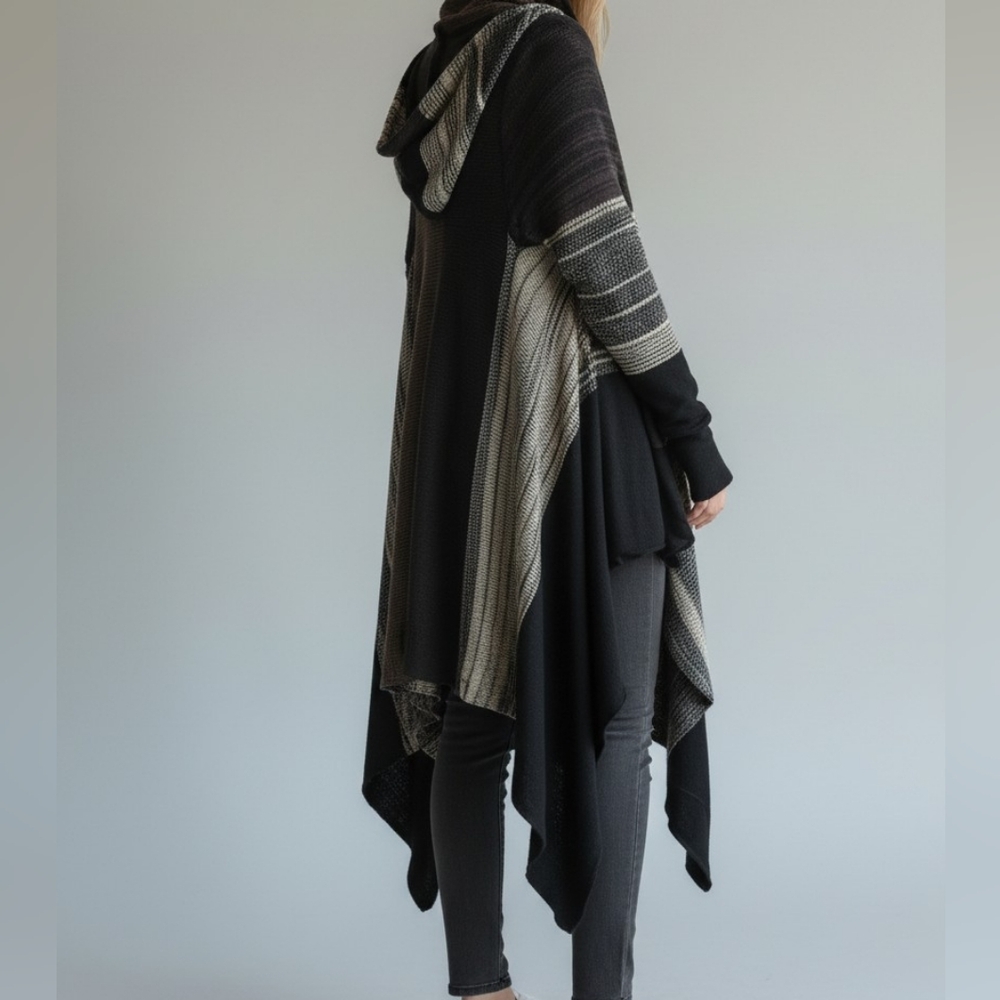 Open-Front Hooded Black & Gray Drape Cardigan Sweater